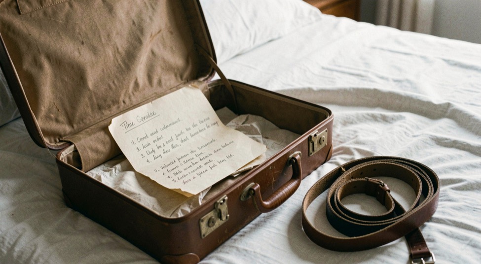 Une valise ouverte sur un lit avec une liste manuscrite, une laisse de chien enroulée à côté, dans une lumière de fin de journée.