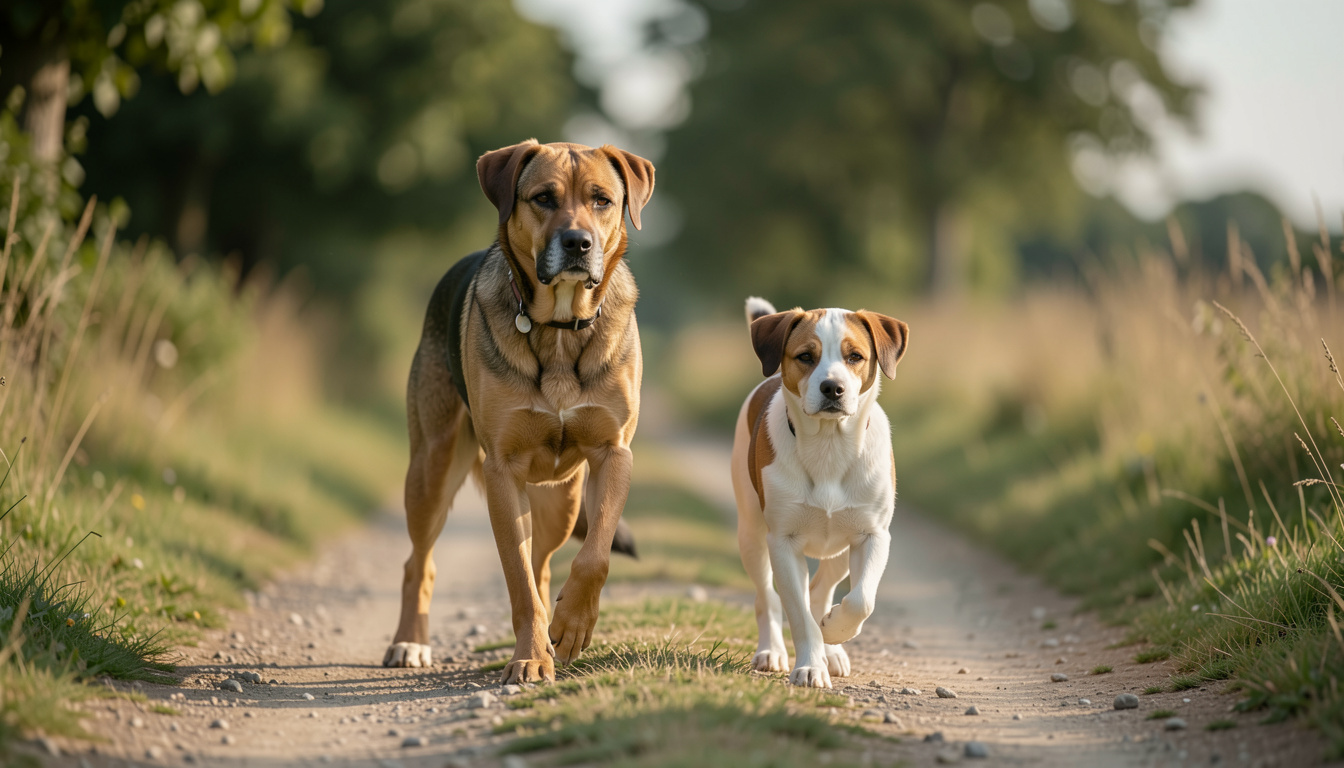 Deux chiens de gabarits différents marchent côte à côte sur un chemin, l'un grand et actif, l'autre petit et posé.
