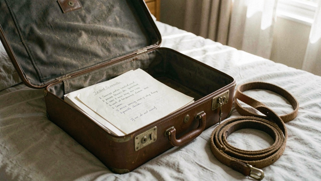 Une valise ouverte sur un lit avec une liste manuscrite, une laisse de chien enroulée à côté, dans une lumière de fin de journée.