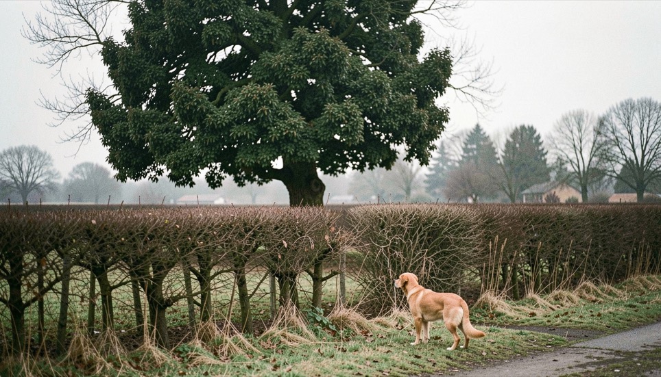 Un chêne vert au feuillage persistant sombre se détache dans une haie bocagère en hiver, un chien observant au pied de la haie.