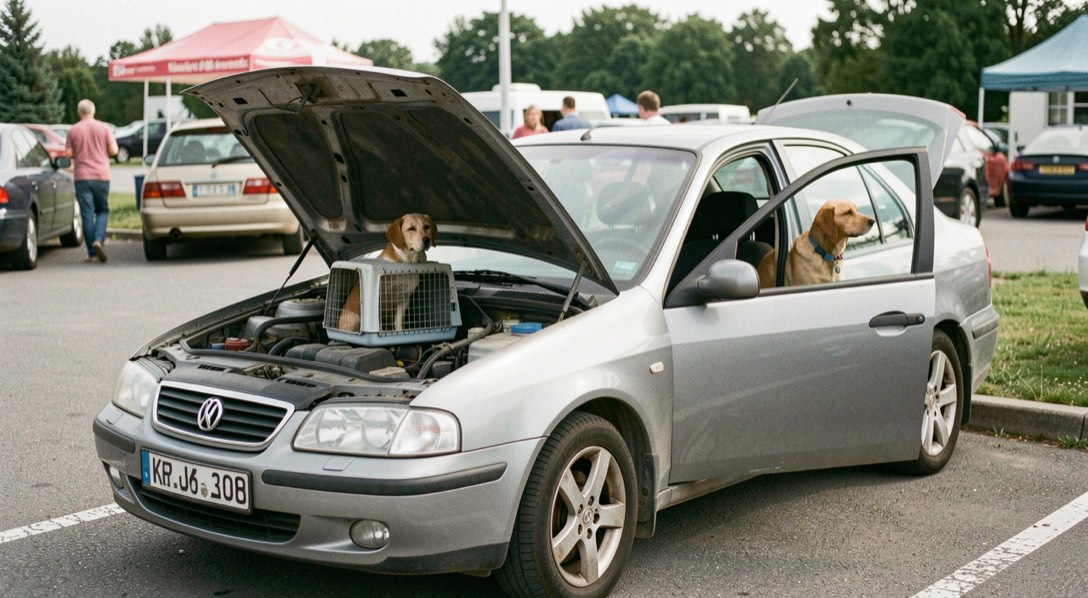 Le capot ouvert d’une voiture familiale garée sur une aire de repos, un chien patientant dans une caisse de transport visible par la portière.